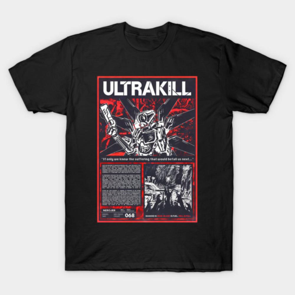 Herren Baumwolle Schwarz Grafik T-Shirt Ultrakill Vertikales Zeitungsplakat Mechanischer Krieger Vintage Ga XS black
