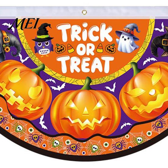 Outdoor Halloween Decorations Semi Circle Bunting Banner, Pumpkin Bat Porch Yard Decor, Festive Window Hanging Spooky Flag for Indoor Party