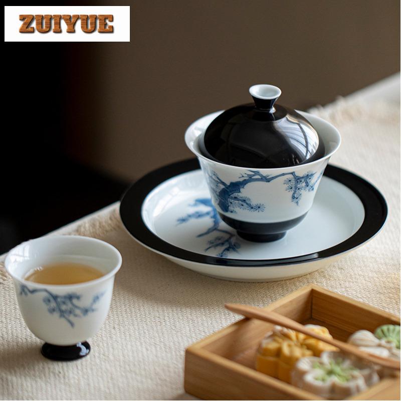 120ml Hand-painted Pine Blue And White Gaiwan Antique Tea Tureen Tea Bowl With Lid Kit Tea Maker Cover Bowl Tea Items Collection