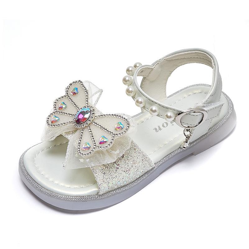 2024 New Soft Butterfly Rhinestones Sweet Princess Shoes for Party Wedding Shows Summer Children Girls Sandals Britain Style PU