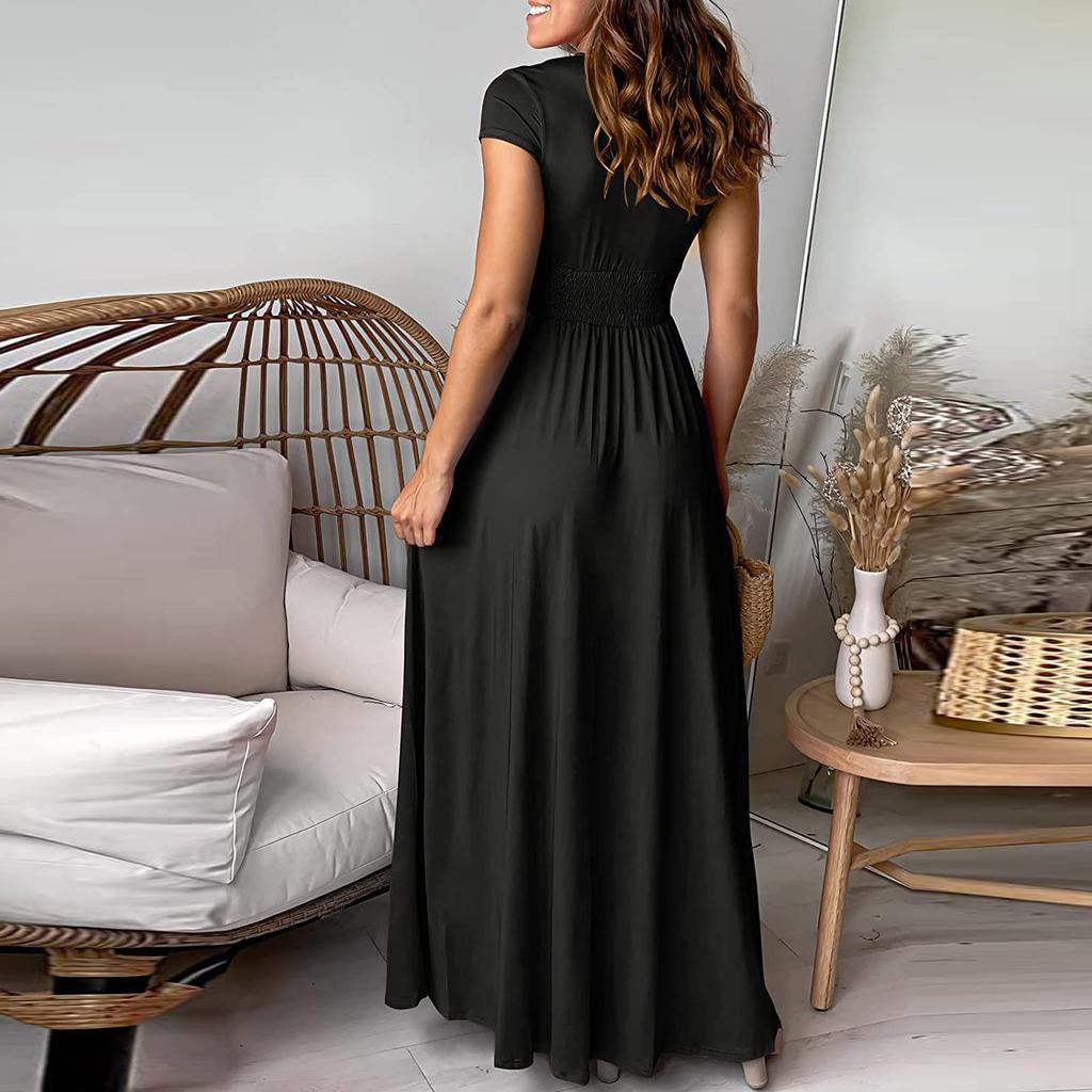 Damen Farbiges Deep V-Ausschnitt Kurzarm Langes Kleid Plissiert Hohe Taille Geschlitztes Kleid