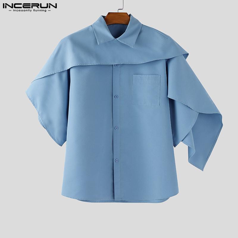 INCERUN Men Lapel Collar Short Sleeve Irregular Layers Patchwork Casual Cape Shirts