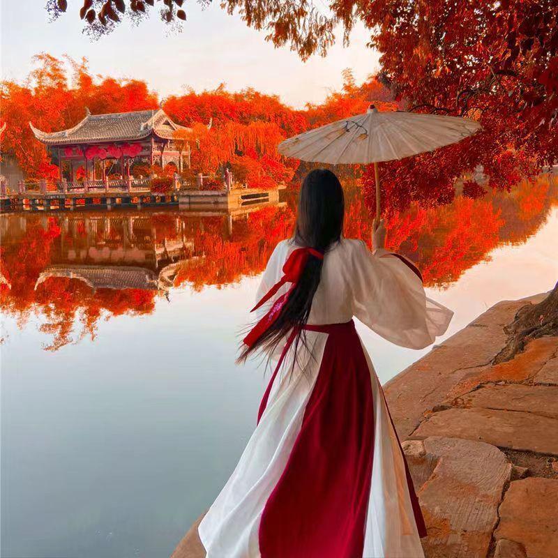 Hanfu Damenanzug, chinesischer Wei- und Jin-Dynastie-Stil, Kreuzkragen, Taillenlänge, Fee, 2-teiliges Set