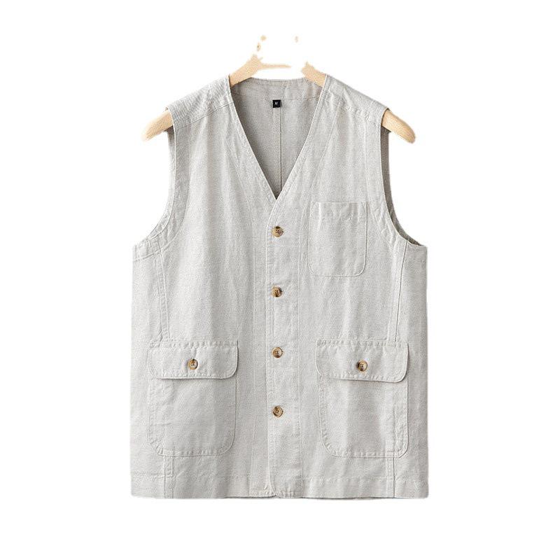 Men's Loose-Fit Japanese Style Linen-Cotton Vest - Trendy, Casual V-Neck Sleeveless Top In Plus Size