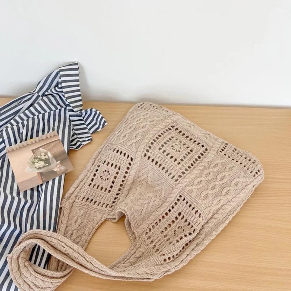Knitted Woven Tote Bag Hollow Out Shopping Shoulder Bag Portable Summer Beach Bag  School