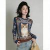 Europe America Fashion Cat Print Women's T-shirt Casual Pullover Women Long Sleeve Clothing Outdoor Street Tees Top