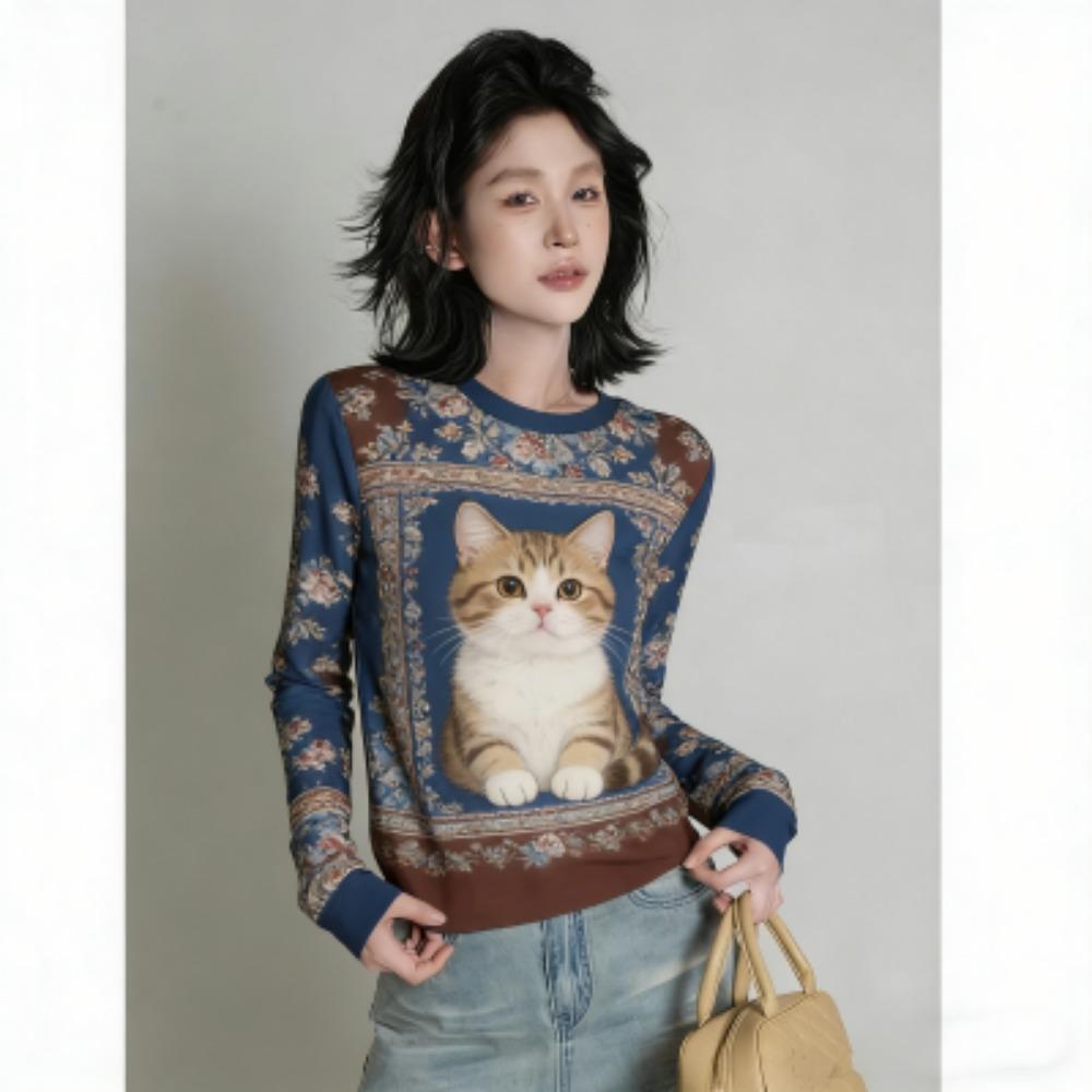 Europe America Fashion Cat Print Women's T-shirt Casual Pullover Women Long Sleeve Clothing Outdoor Street Tees Top