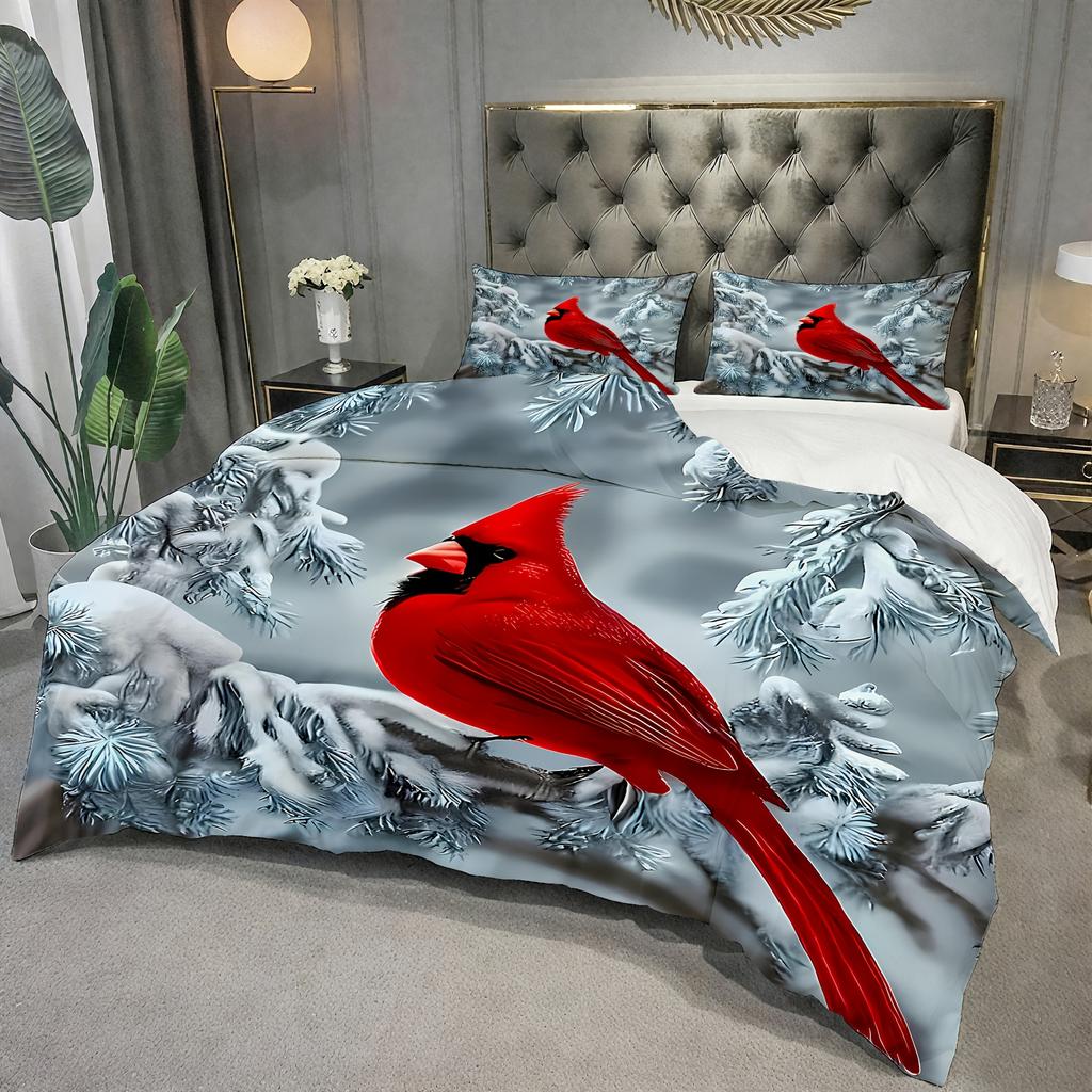 Comforter 3Pcs Red Bird Winter Snow Ultra Soft Comfortable Breathable Bedding Animal Theme For Bedroom