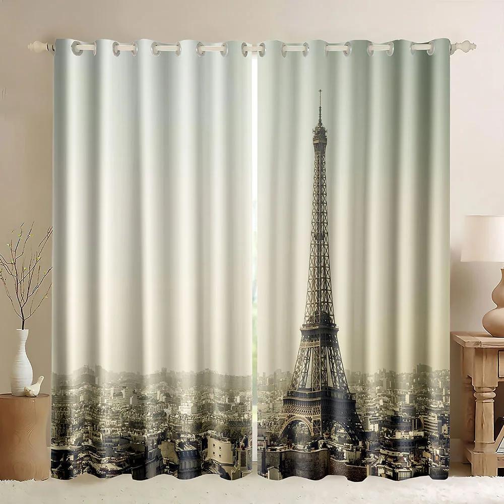

Paris Window Curtains Romantic Eiffel Towers,Famous Cityscape Scene Window Black And White Hand Painted Blackout Curtains W60H190(CM)-1 Pcs
