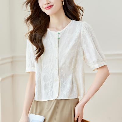 Crew Neck Embroidered Shirt Women's Short Sleeves Summer New Embroidered Top New Chinese Button Pure Cotton Shirt