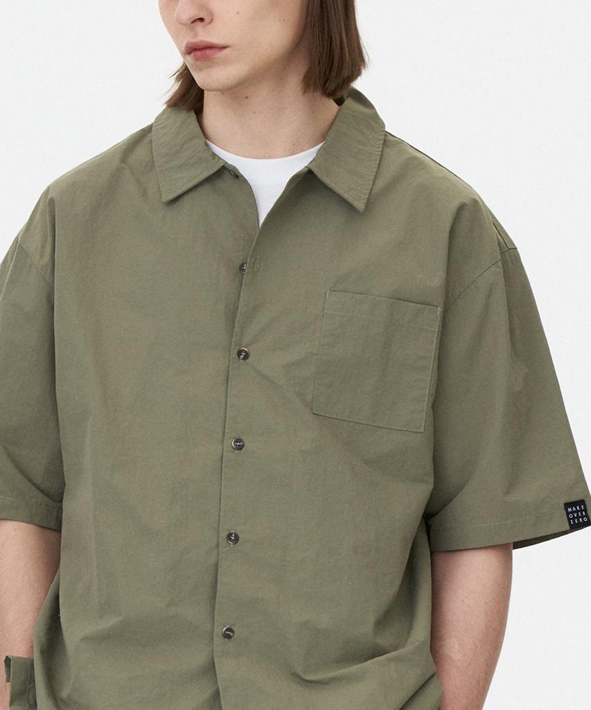 MOZMOZ [Set] Washer Nylon Oversized Half Shirt Two-Piece Set Khaki