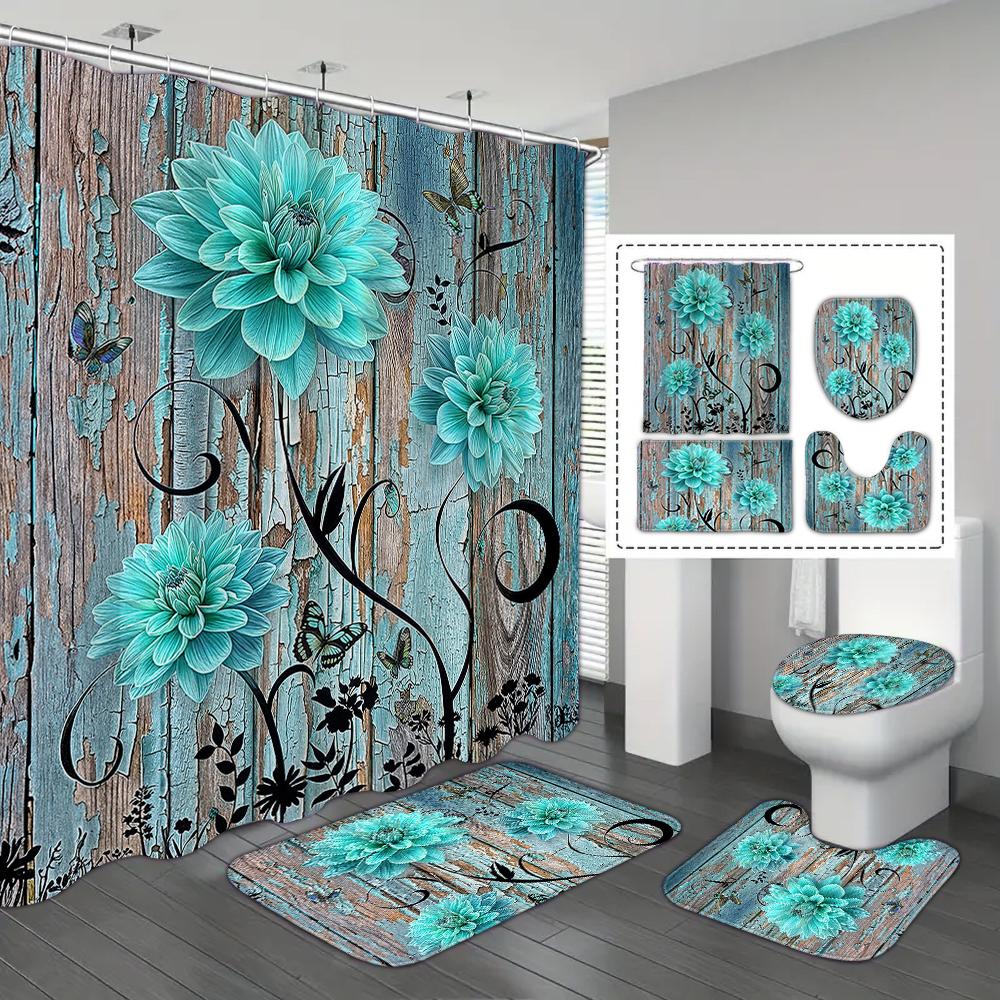 4-piece Set of Blue White Jade Orchid Waterproof Printed Shower Curtains with 12 Hooks, Bathroom Floor Mats