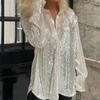 2023 Women's Sparkle Sequin Tops Shimmer Glitter Loose Party Shirt Button Down V Neck Blouse Clubwear Y2K Streetweatr