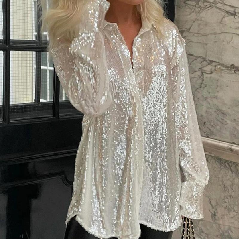 2023 Women's Sparkle Sequin Tops Shimmer Glitter Loose Party Shirt Button Down V Neck Blouse Clubwear Y2K Streetweatr
