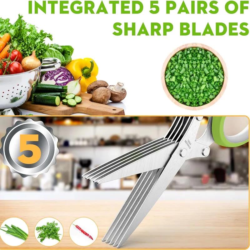 Herb Scissors Stainless Steel 5 Blade Kitchen Shears Household Vegetable Cutter with Cover Multifunctional Kitchen Gadgets5