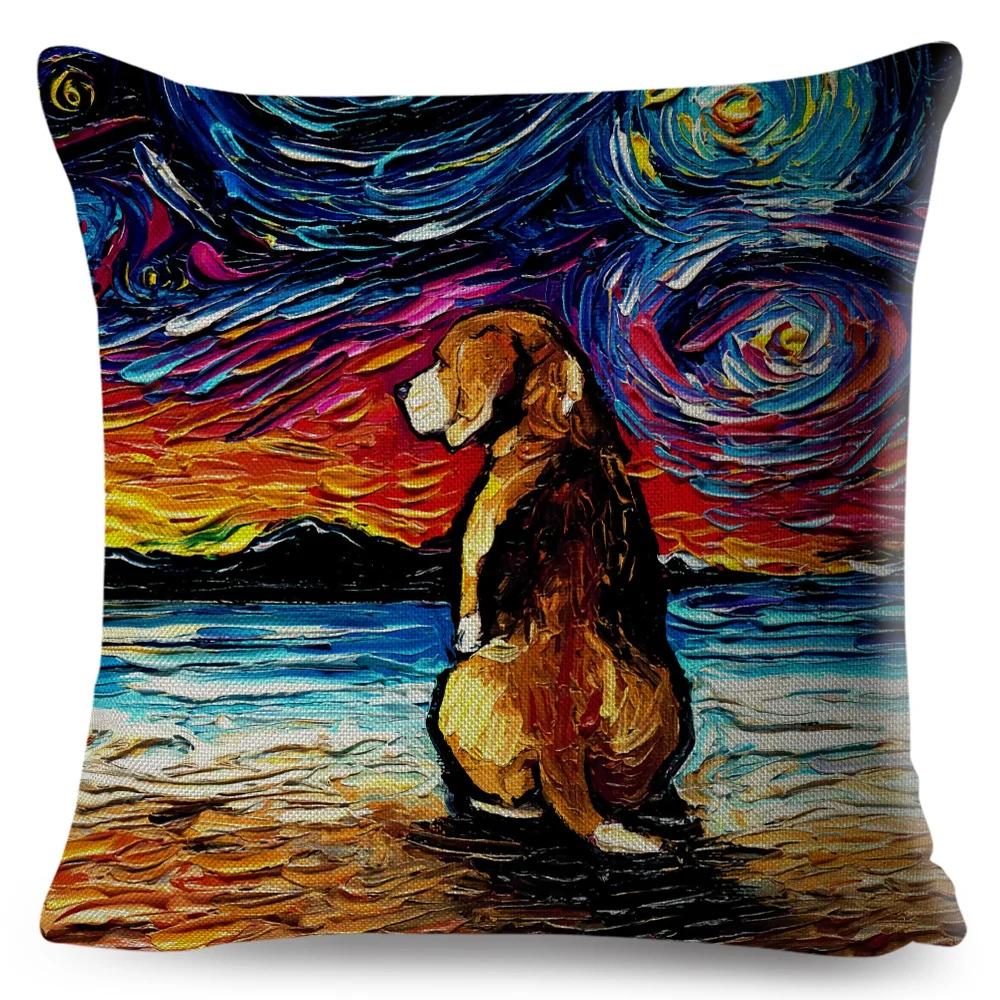 Both Sided Starry Sky Dog Cushion Cover Decor Oil Painting Cartoon Pet Animal Pillow Case for Sofa Home  Linen Pillowcase