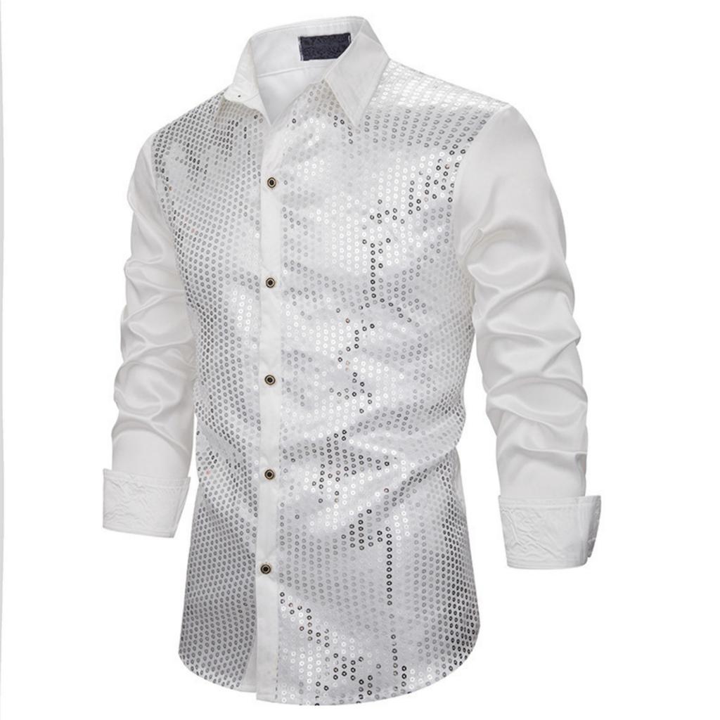 Men's Casual And Fashionable Lapel Gold-embossed Sequined Top, Men's Lapel Long-sleeved Button-down Shirt