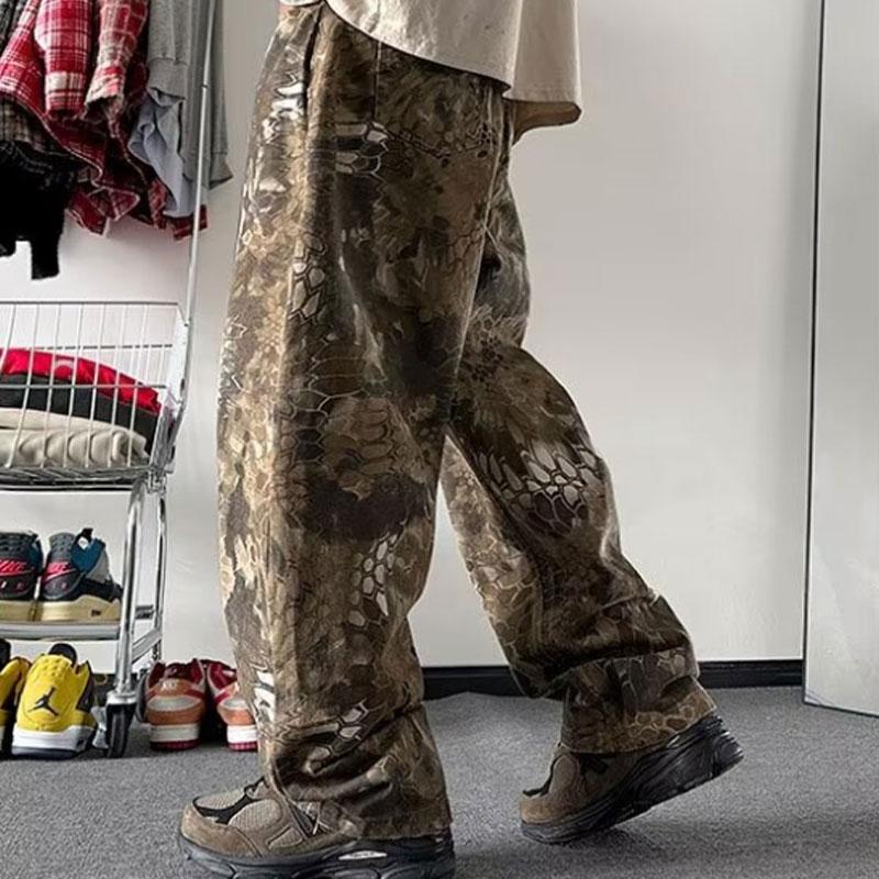 Pantaloni Cargo da Uomo con Stampa Pelle di Serpente, Vita Alta, Gamba Larga, Vestibilità Larga, Streetwear