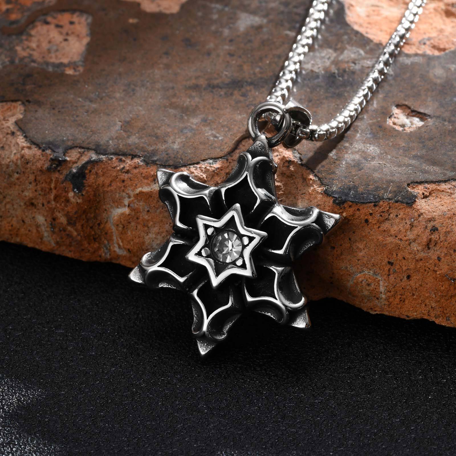 Vnox Hexagram David Star Necklace, Mens Gothic Floral Textured Pendant, Punk Thick Bold Heavy Male Accessory 55cm