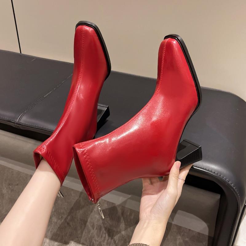 

Модные женские короткие ботфорты до бедра Осень Зима Новые Квадратный носок Блочный каблук Застежка-молния сзади Нескользящие Ботильоны на высоком каблуке 42 вино красного