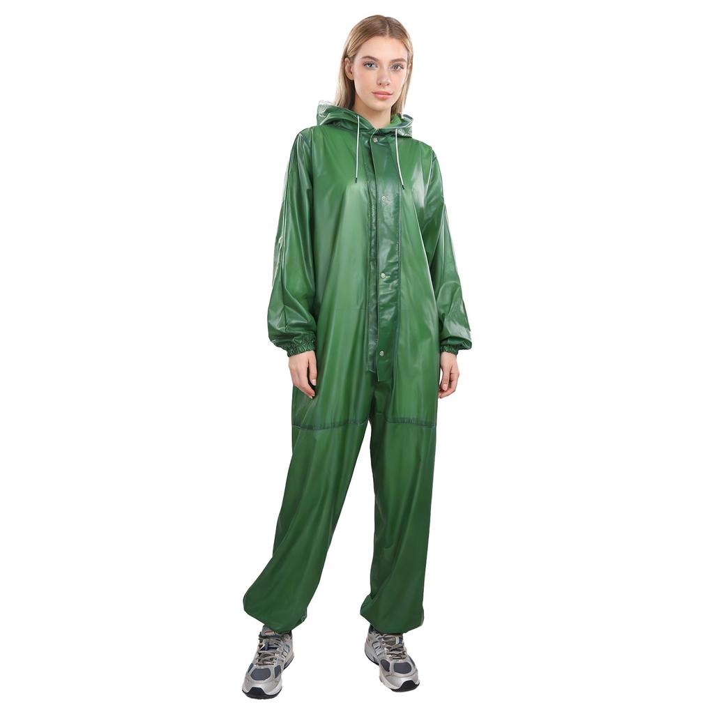 Unisex Full Body Hooded Raincoat Drawstring Hood Front Button Zipper One Piece Waterproof Jumpsuit Workwear
