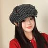 Early Autumn Hat Women's Sweet Flower Embroidery Beret Versatile Plaid Octagonal Hat Show Face Little Painter Hat