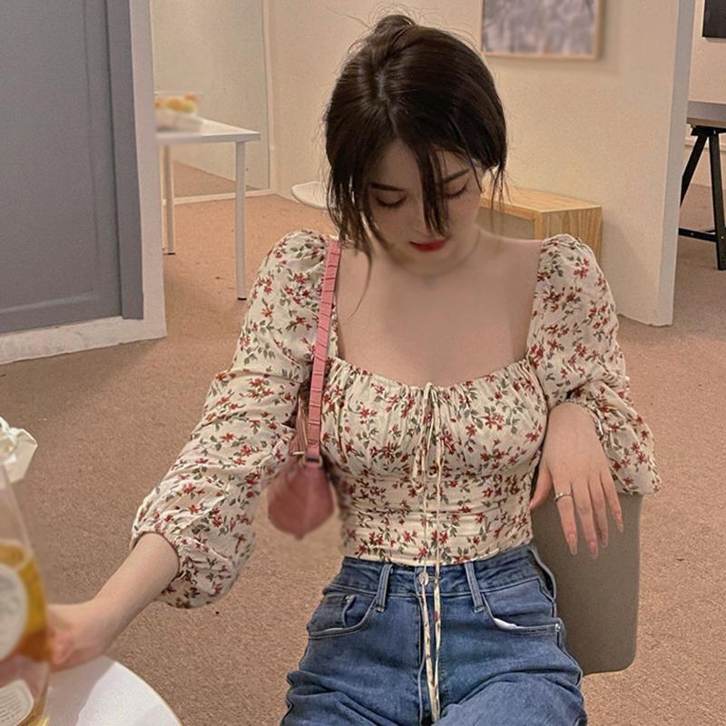 Chemisier en mousseline de soie à manches longues et col carré pour femme, imprimé floral rétro