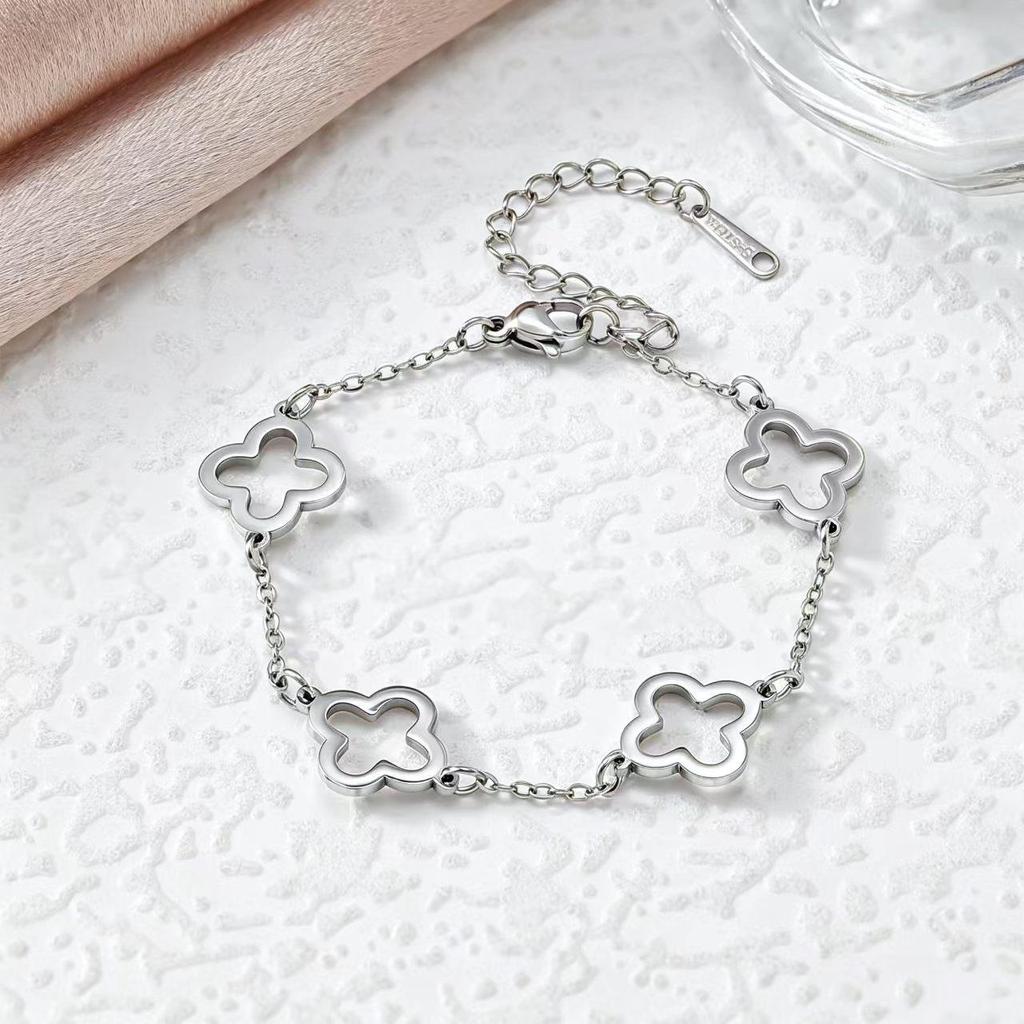 Stainless Steel Gold Four-Leaf Clover Bracelet Set: Includes Nail, Rhinestone, and Hollow Designs