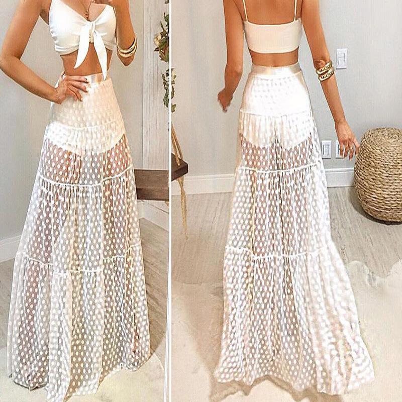 Y2K Korean Style Fashion Floor-Length Long Skirt Summer A-Line Mesh See Through Polka Dot Skirt Women High Waist Lace Maxi Skirt