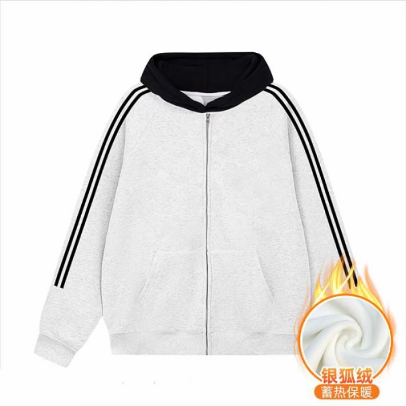 American Style Heavyweight 420g Striped Hooded Zip Sweatshirt Jacket Fleece Lined Color Block Streetwear Women