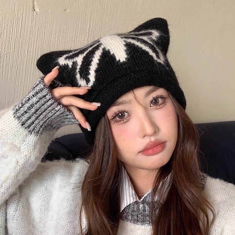Autumn And Winter Cute Cat Ear Knitted Wool Hat Women'S Warm Ear Protection