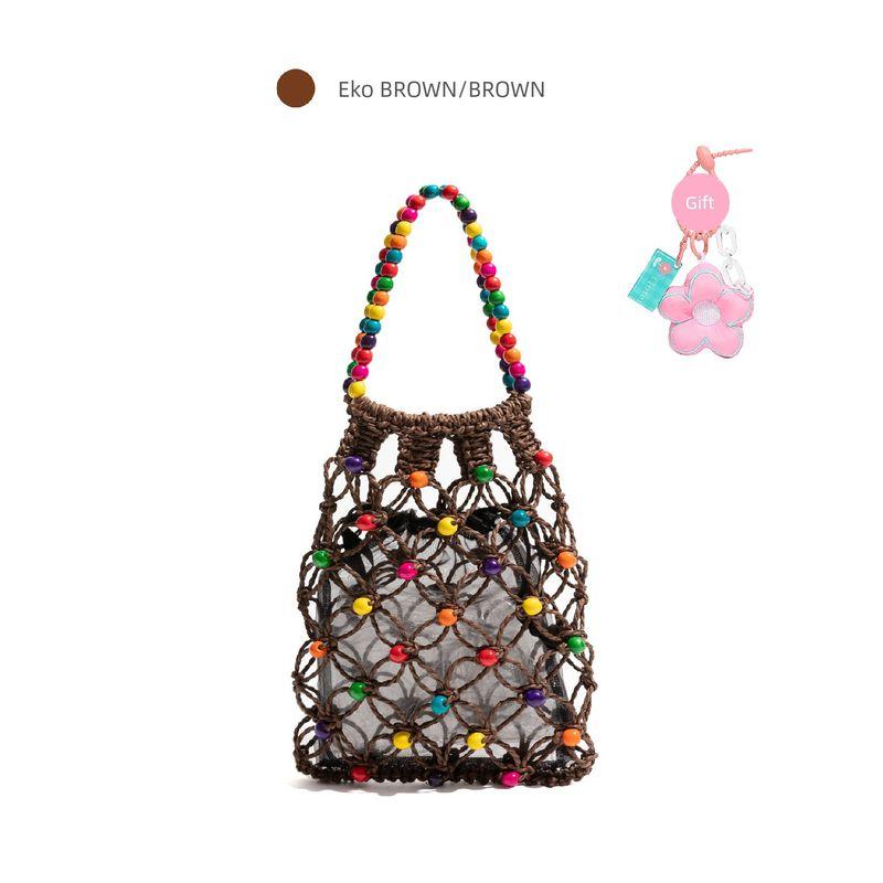 

Stylish Studio Korean Simple Woven Beads Bag Women s Early Summer Seaside Lazy Satchel Cut Out Net Pocket Bag Chestnut Brown