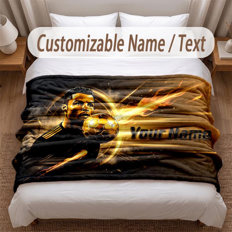 Cristiano Ronaldo Printed Flannel Blanket Custom Name Text Soft Warm Throw For Bedroom Holiday Gift