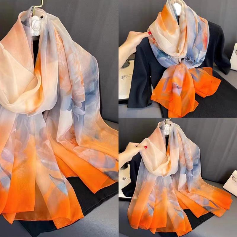 Classic Floral Silk Gauze Scarf - Versatile, Lightweight Sun Protection Shawl for Women, Ideal for Spring, Summer, and Autumn