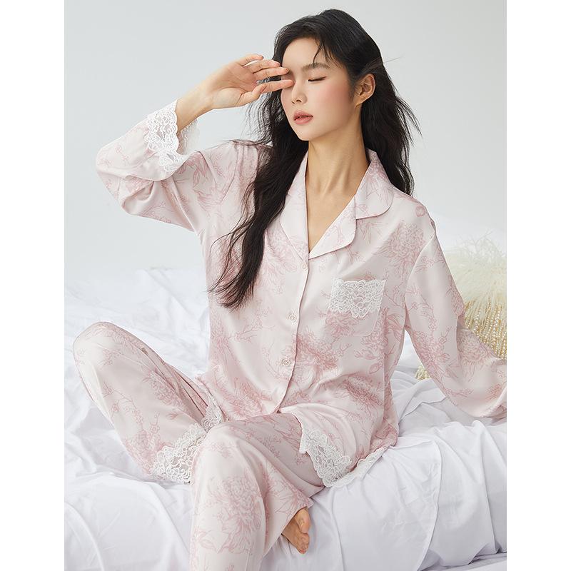 Pajamas women's spring 11 new ice silk lace big flower high-end loungewear women's summer one