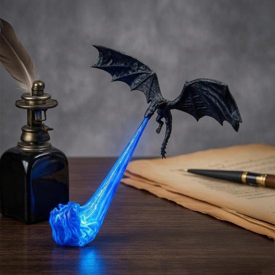 Fantasy Ornament for Bookshelves Dragon Bookshelf Nook Light, 3D Printed Fire-Breathing Shelf Decor with Flame Decorative Bookends Study Base,