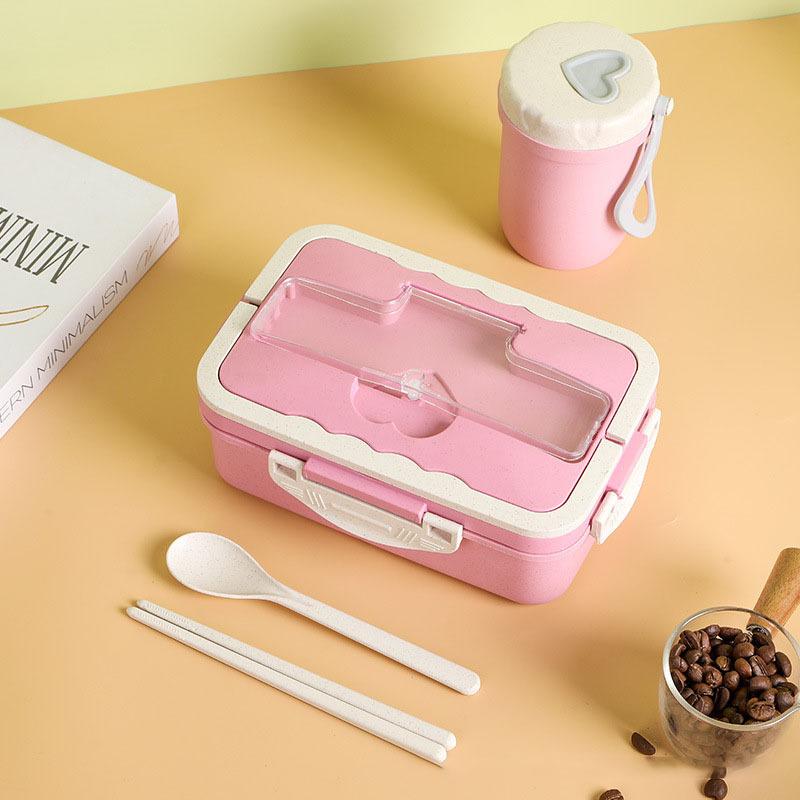 

Коробка для бенто из пшеничной соломы, портативная изолированная коробка для обеда с микроволновой печью, портативная герметичная студенческая коробка для фаст-фуда с крышкой розовый