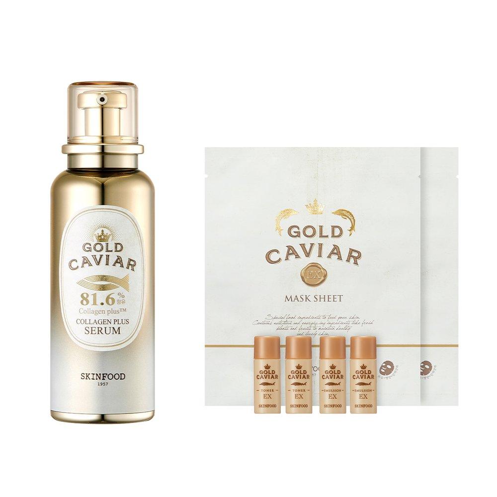 

[Skinfood] Сыворотка Gold Caviar Collagen Plus 40 мл + подарок (2 икорные маски + 2 мини-тонер-эмульсии)