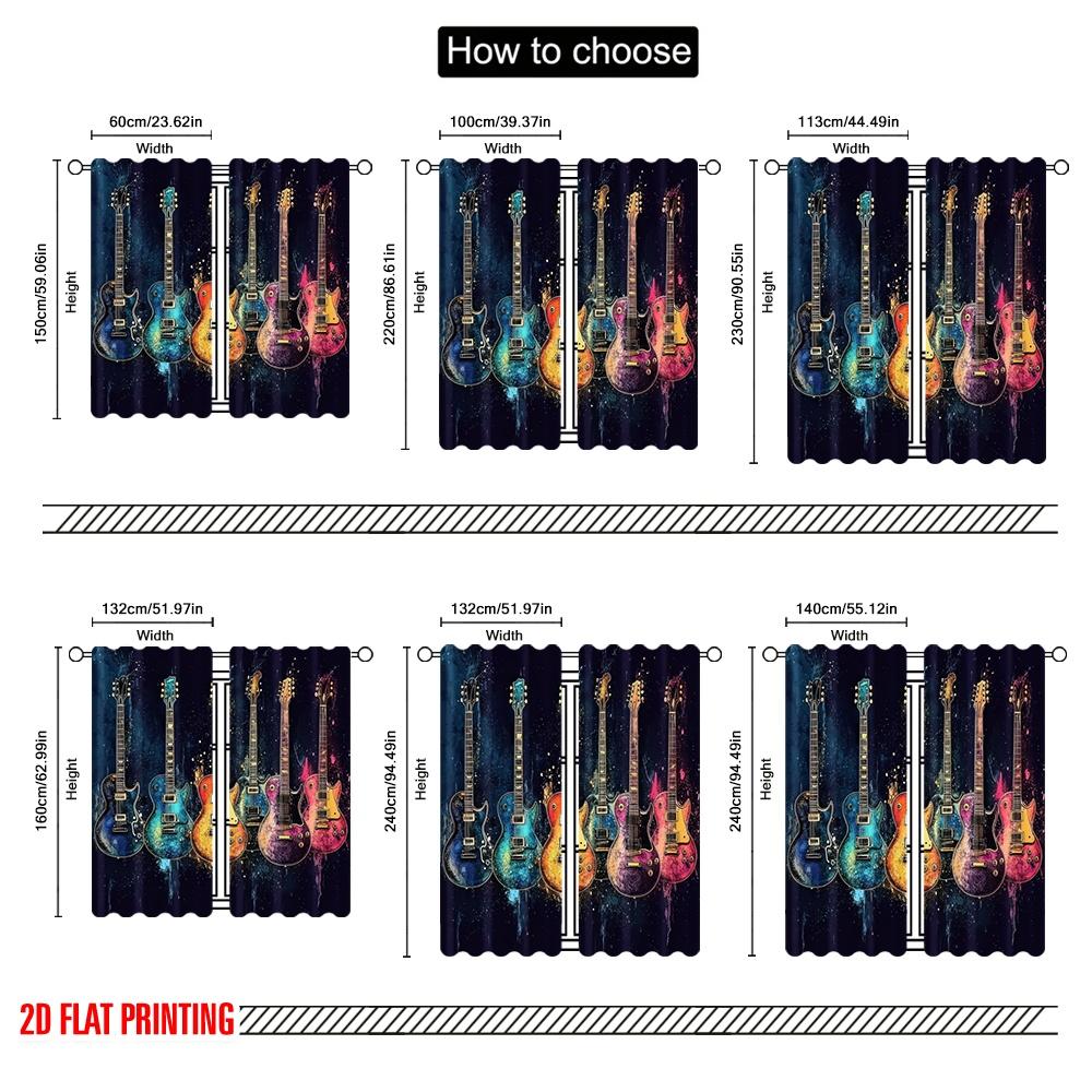 2D Flat Printing 2pcs Spring Summer Curtains Guitar Sheer Curtains Polyester Woven All Seasons Ldeal for Bedroom, Office,