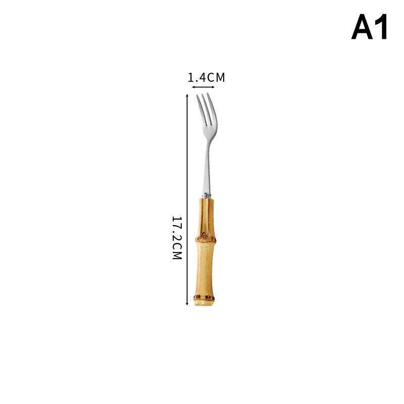 Long Handle Serving Spoon Fork Stainless Steel Gold Silver Bamboo Wooden Salad Spork Dessert Salad Spoon Tableware Set Kitchen