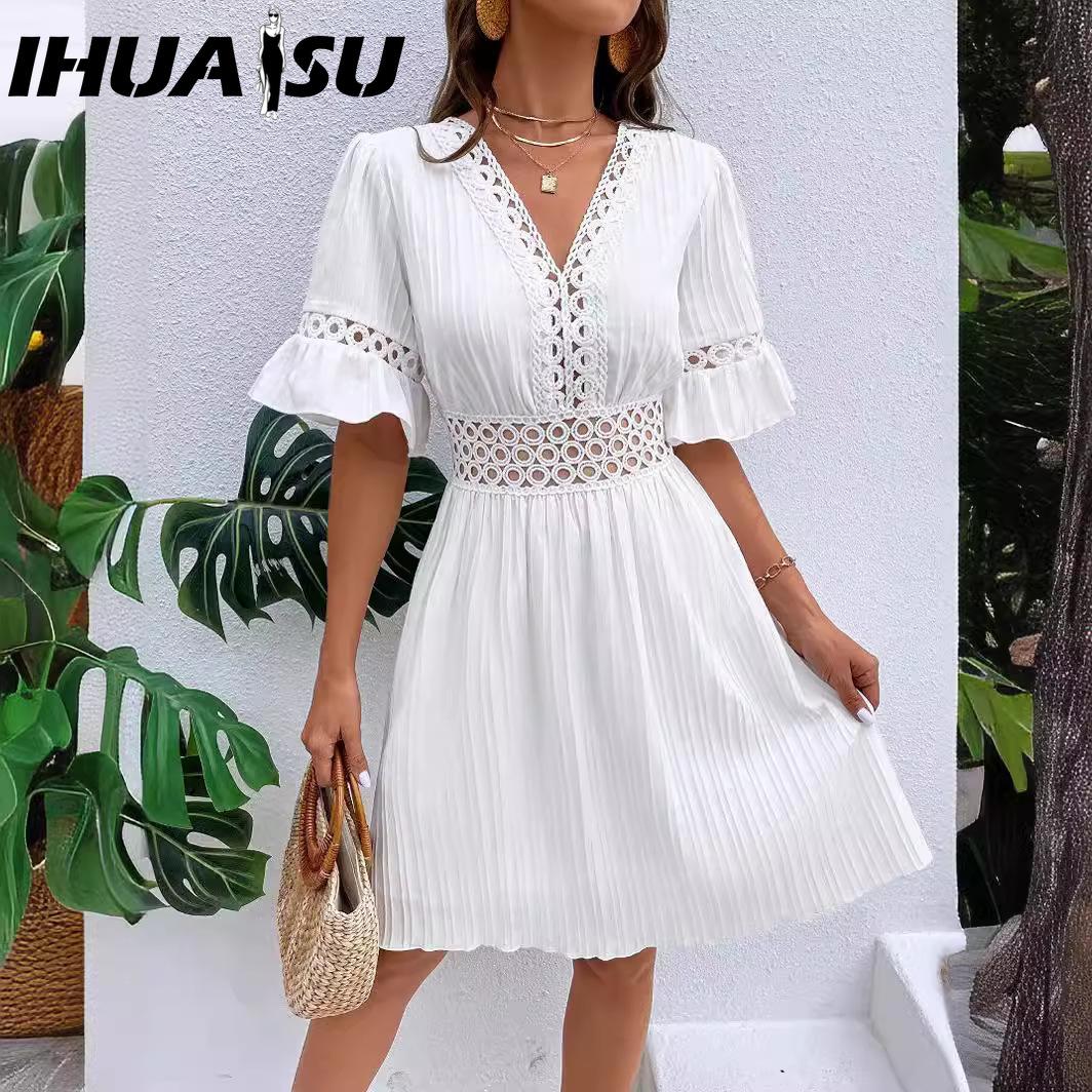 

IHUASU Women s Summer Patchwork Lace Fashion V-neck Waist Solid Color Dress S жёлтый