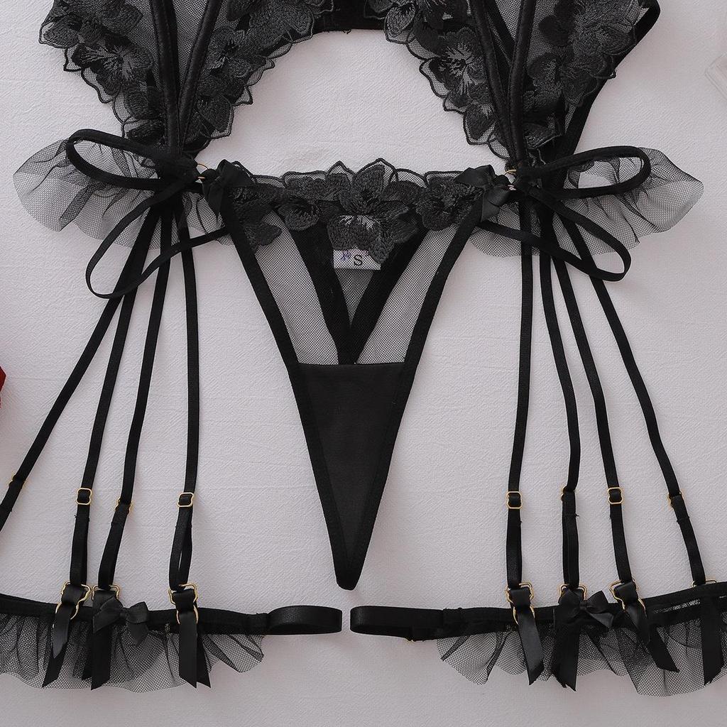 Women's Sexy Lightweight Lingerie Set Solid Color Bra Set with Lace Trim Splicing & Floral Embroidery Push-Up Bra Lingerie Set