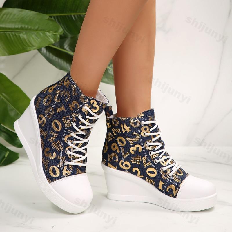 Autumn Women's Color Block High Top Wedge Heel Casual Canvas Shoes Fashion Denim Versatile Comfortable Chunky Single Shoes