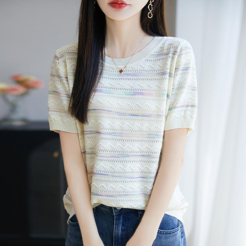 Women Knit T-shirt Summer Knitted Shirt Short Sleeve Tees O-neck Pullover Knit Tops Female