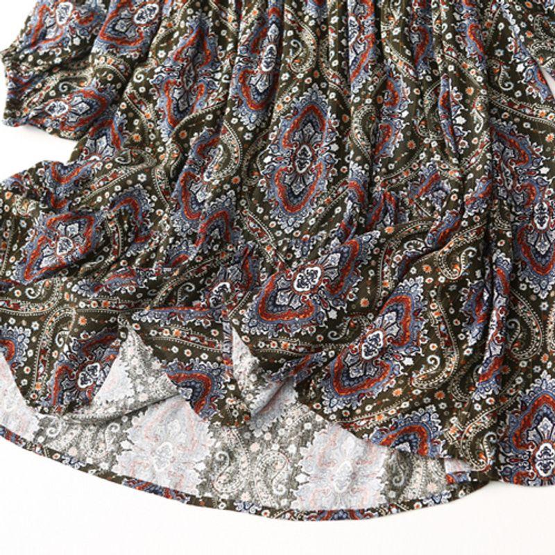 Foreign Trade Order French style Retro Print Small Girl V-neck Hollow out Bright Silk Drape Viscose Long sleeve dress