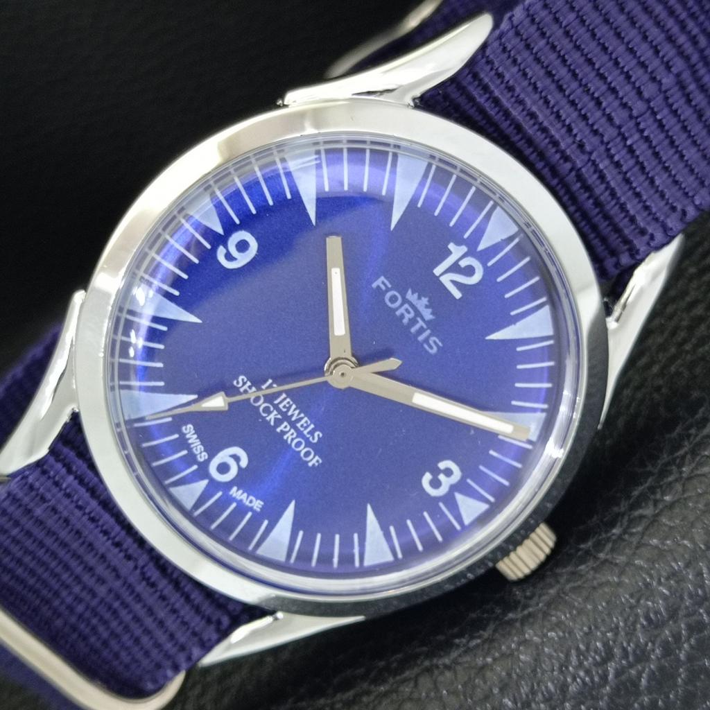HAND-WINDING SWISS MENS VINTAGE REFURBISHED BLUE COLOR DIAL WATCH a700967-5 R205a-a700967