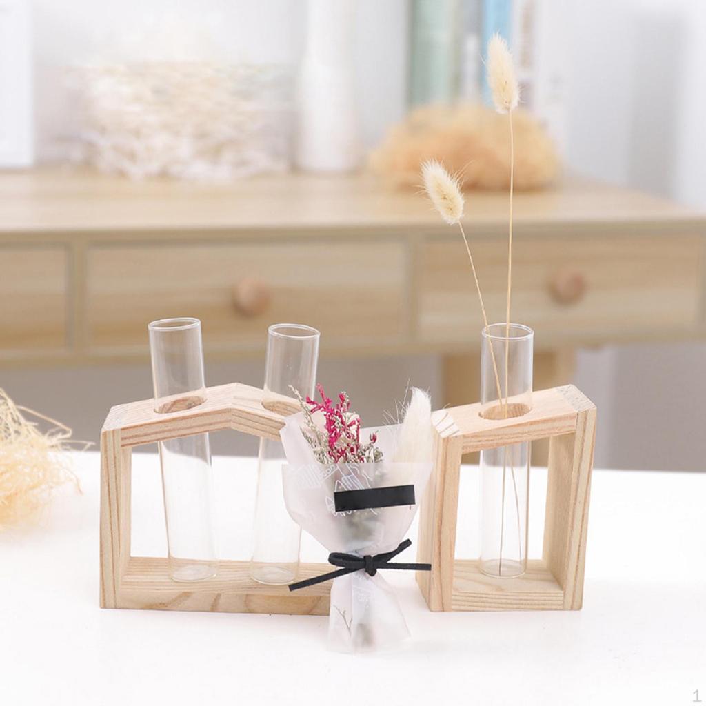 Glass Vase with Vintage Wooden Stand Desktop Terrarium for Hydroponics Plant