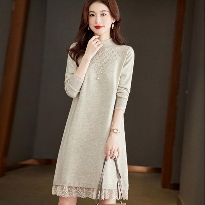Lace Knitted Dress for Women In Autumn and Winter Large-sized Half Turtleneck Knitted Sweater Loose Mid-length Sweater Dress