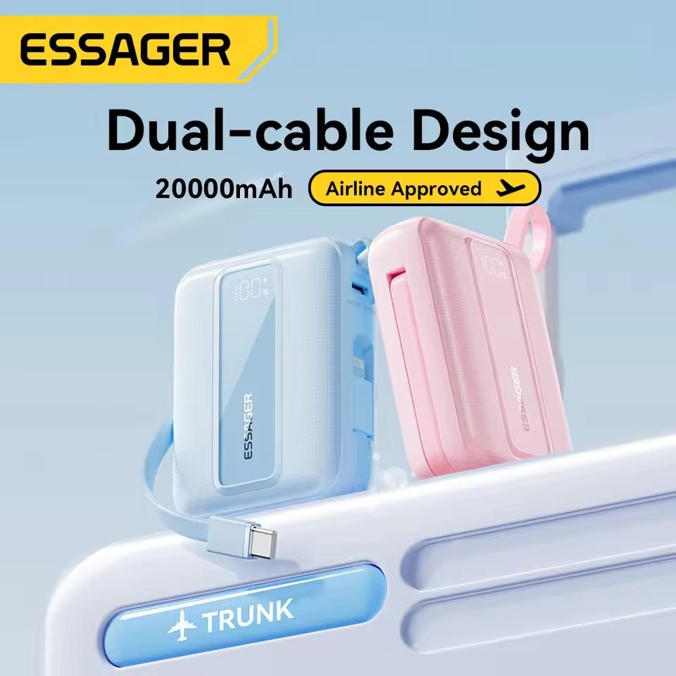 Essager 10000/20000mAh Type C Cable Power Bank PD 22.5W Fast Charging Phone External Battery for Xiaomi iPhone 16 15 14 Samsung iPad