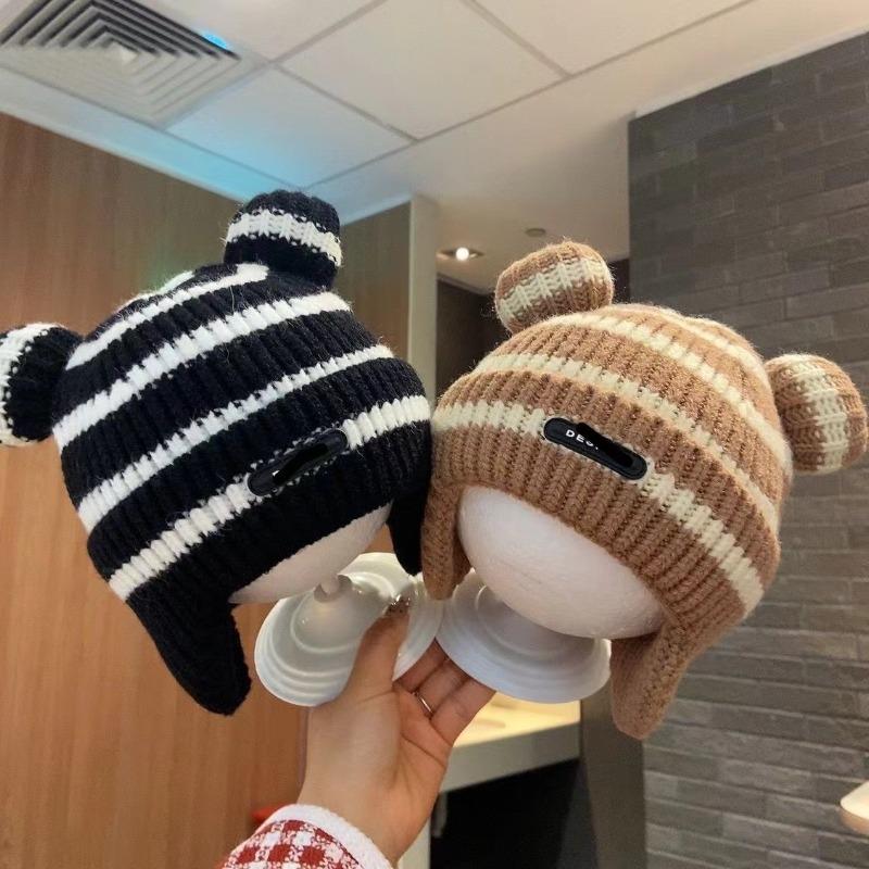 Baby hat autumn and winter striped ear hat cartoon children's warm fleece baby pullover knitted wool hat